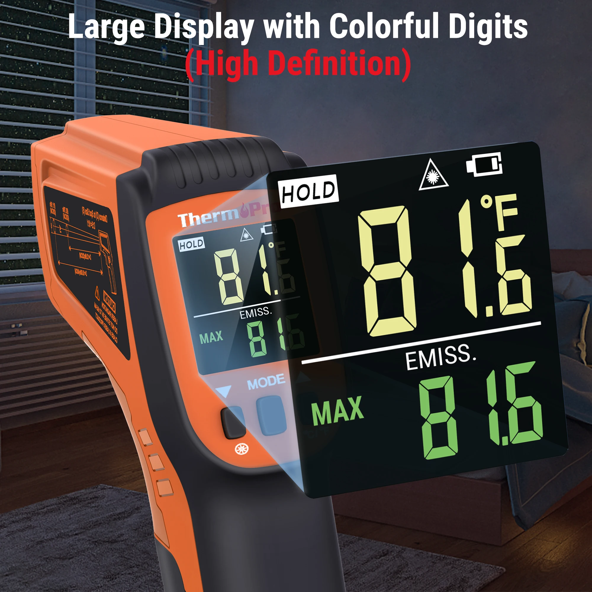 ThermoPro TP450 Laser Thermometer Gun with Adjustable Emissivity Temp Gun (Not for Human)