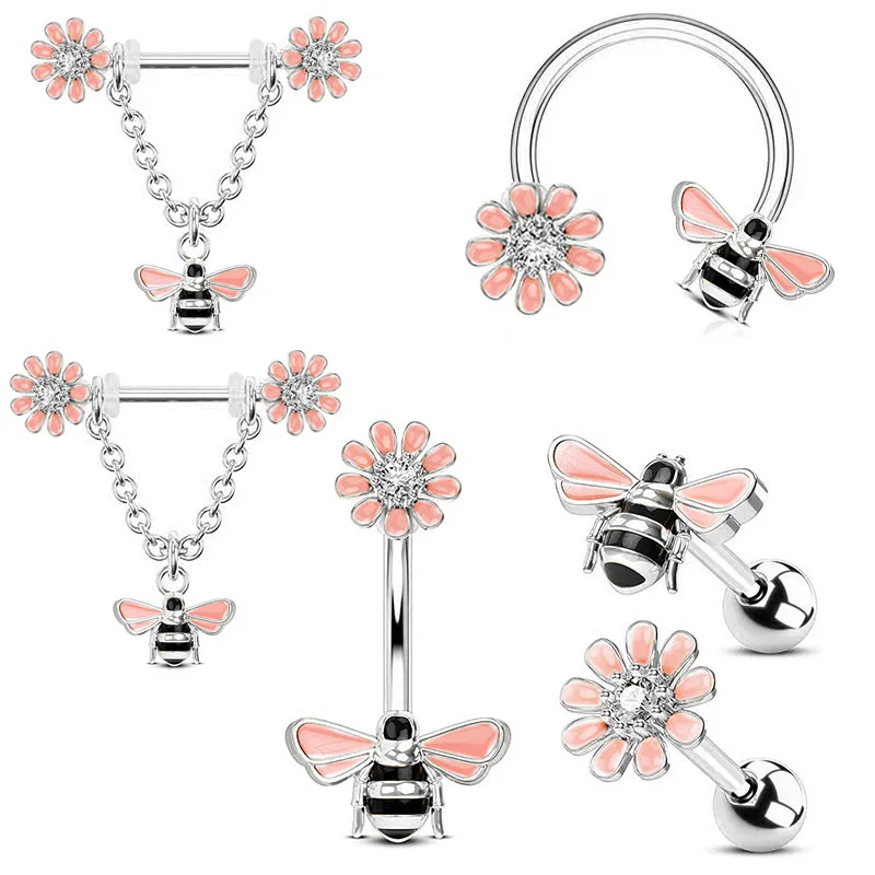 NUORO Cute 316L Stainless Steel Bee Pink Flower Cartilage Earrings CZ Septum Daith Hoop Tragus Helix Nipple Bee Piercing Jewelry