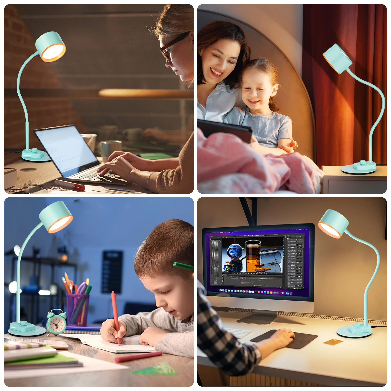 Modern LED Desk Lamp USB Charging Port Intelligent Auto Dimming Task Lamp Flexible Gooseneck Black Shade Bedside Office AC DC