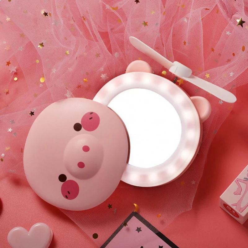 Pink piglet portable beauty mirror small fan charging mini handheld USB fill light cosmetic mirror beauty lamp bulb