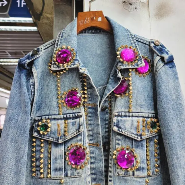 Spring New Rhinestone Beaded Denim Jacket Women Slimming All-Matching Short Jean Jacket Lady Streetwear Denim Coat