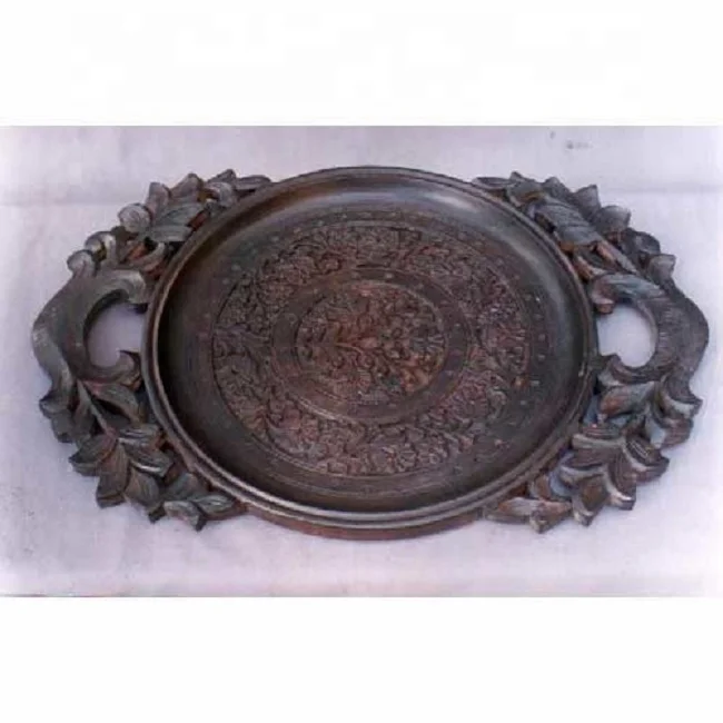 
Antique Wooden Round Serving tray With Metal Handle breakfast tray wholesaler 
