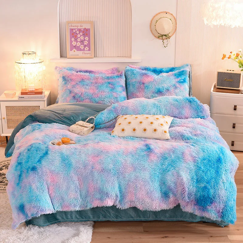 Factory Direct Sale Luxury Fluffy 4pcs Duvet Cover Sets Bedsheet Wool Crystal Velvet Bedding Set For Winter