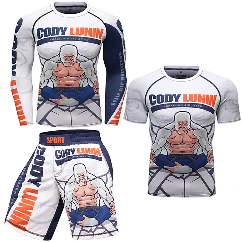 Men Sublimation Printing MMA BJJ Rash Guard Shorts 3 Piece Sets Custom Design Logo Graphics T Shirts and Boxing Mesh Shorts