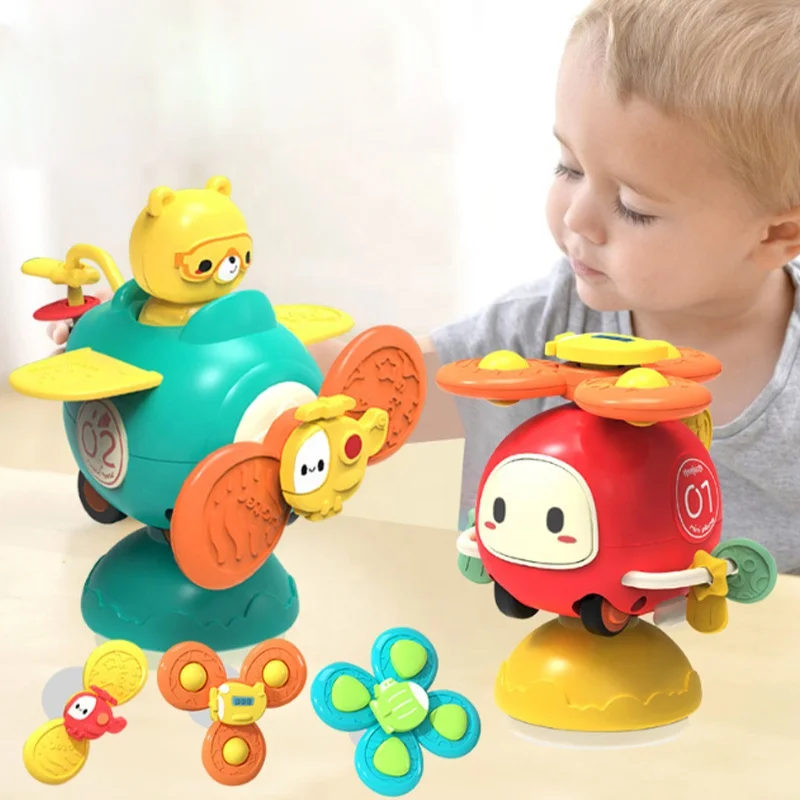 Cube plastic baby toy airplane rotating bath and dinner plate kids play suction cup spinner toys