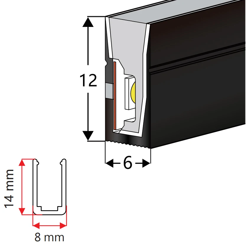 6*12mm 120 degree Side Emitting LED Diffuser Black Silicone Tube For 8mm LED Light Strips