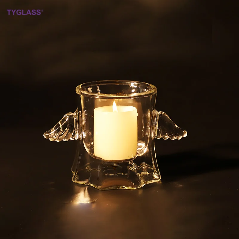 High Quality Double wall Angel Wings Glass Candle Cup Empty Candle Holder Home decoration transparent aromatherapy candles jars