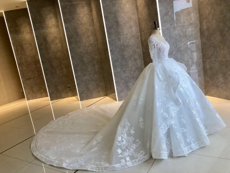 Champagne Wedding Dress 2021 Luxurious Long Sleeves Embroidered Cathedral/Royal Train Wedding Ball Grown