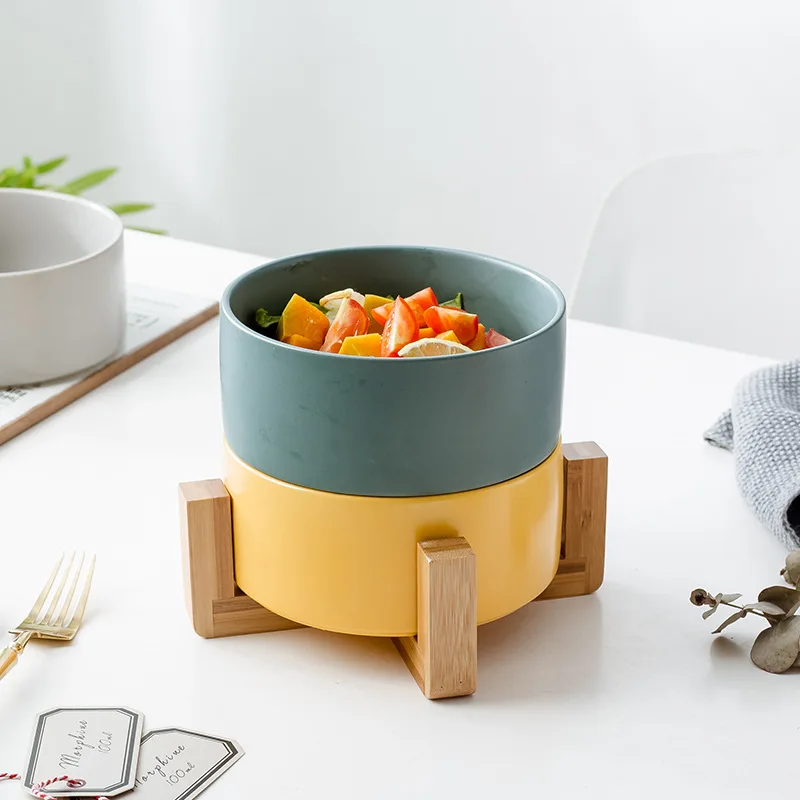 Tableware salad ceramic instant dog bowl western food plate double bowl ceramic black cat pet bowl with wooden stand