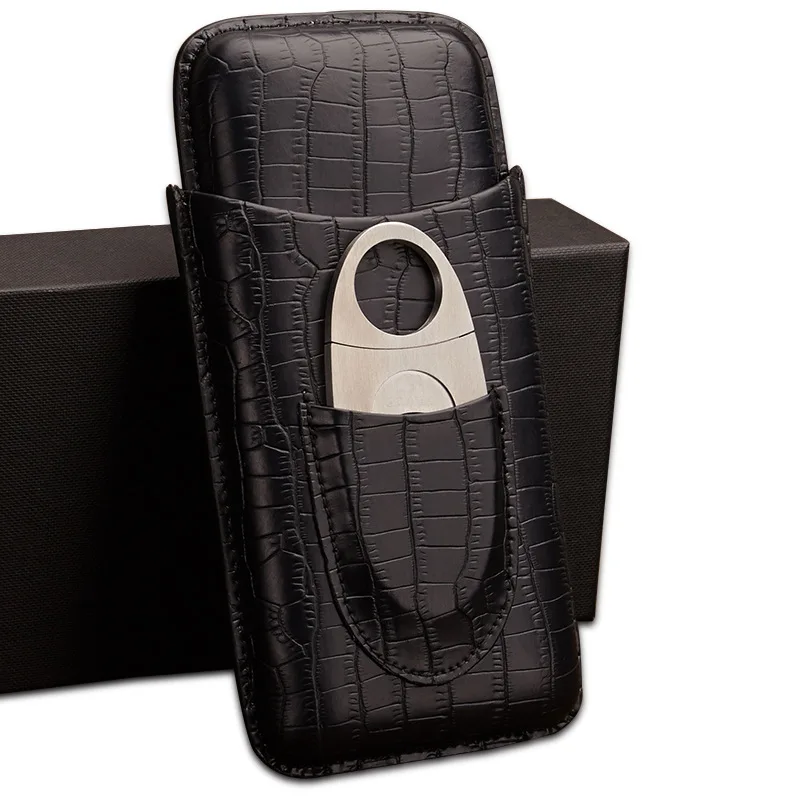 Stretch Freely Tobacco Cover Portable Travel Leather Cigar Humidor Box Holder Cigar Cases With Cigar Cutter