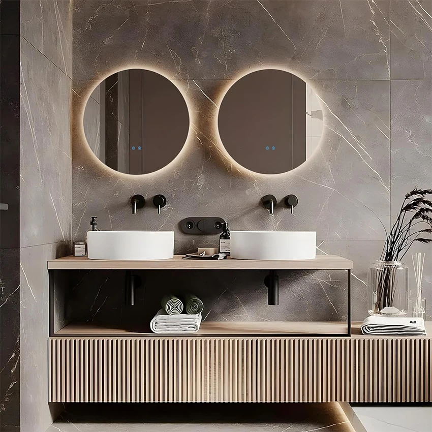 Modern round frameless LED smart touch switch unbreakable adhesive full length body large wall salon gym dressing decor mirror