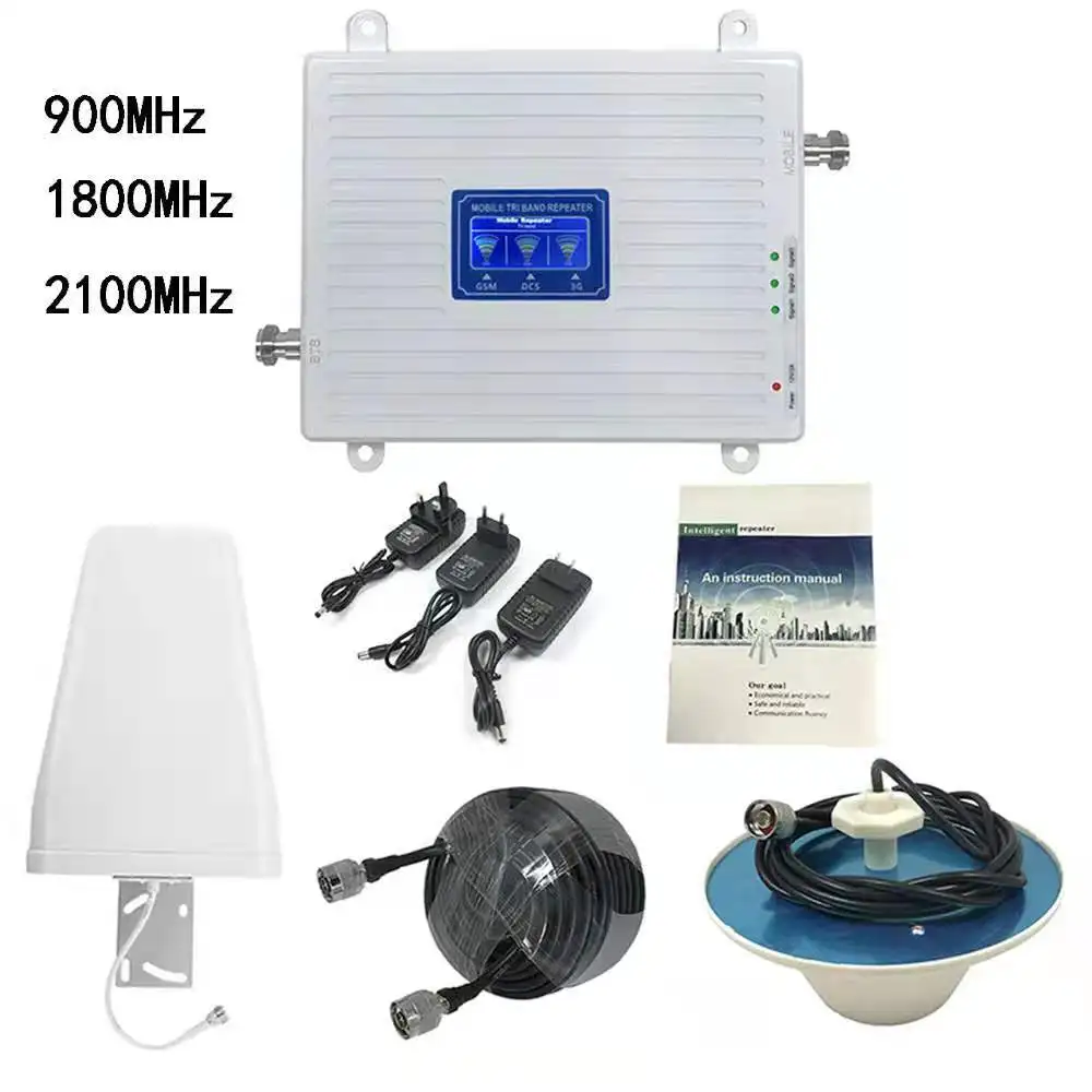 Whole set 900MHz 1800MHz 2100MHz cellular signal booster 2G/3G/4G phone repeater with Antenna