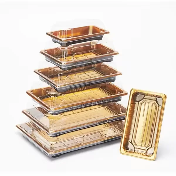 Golden Sushi Tray Blister Plastic Food Container Takeaway Serving Platter Disposable Luxury Sushi Trays Packaging Box with Lid