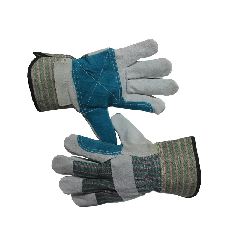 Yellow cow split leather Patch palm Yellow cotton drill back.Rubberized cuff.Half lining gloves luvas guantes Warehouse