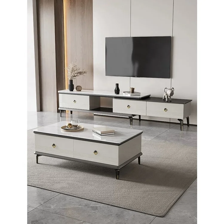 Luxury Design High Quality Tv Stands With Modern Coffee Table Square Tv Unit And Tea Table With Glossy Marble Top