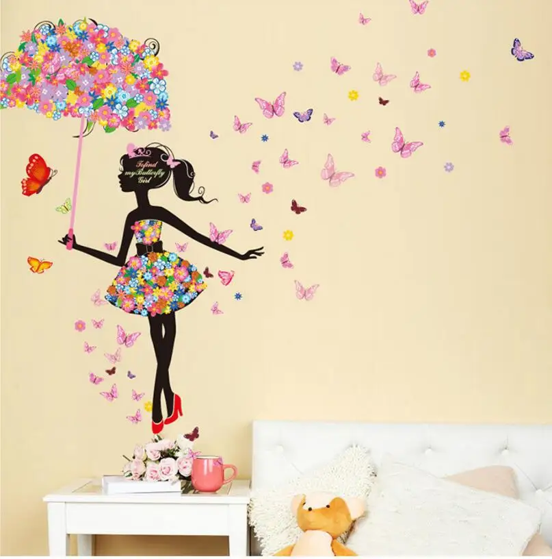 MZL Flower Girl Removable Wall Art Sticker Vinyl Decal Kids Room Home Mural Decor Bedroom Butterfly Paper Decorative Painting
