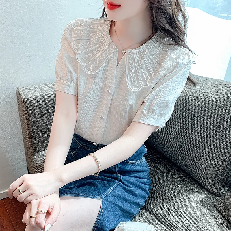 Japanese White Peter Pan Collar Shirts Women Cute Lolita Style Puff Sleeve Blouses Girly Harajuku Kawaii JK Shirts Blusas Mujer
