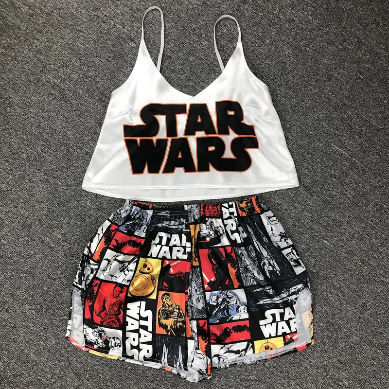 
Sexy satin cloth cartoon print sling ice silk pajamas two-piece sleepwear women 