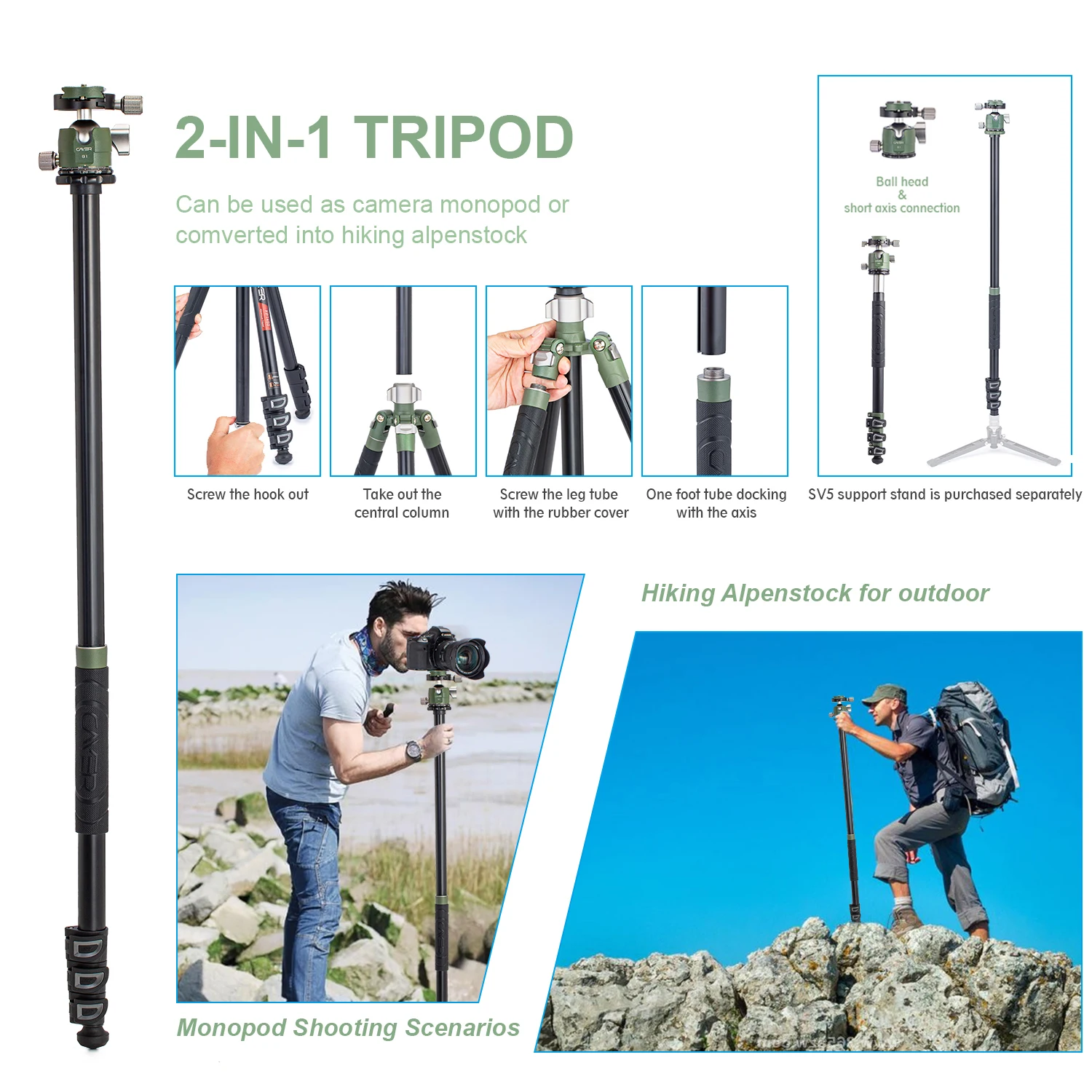Cayer FP1450G1 Lightweight Aluminum Reverse Folding Tripod Kit with Removable Leg for Monopod Professional Camera Video Tripod