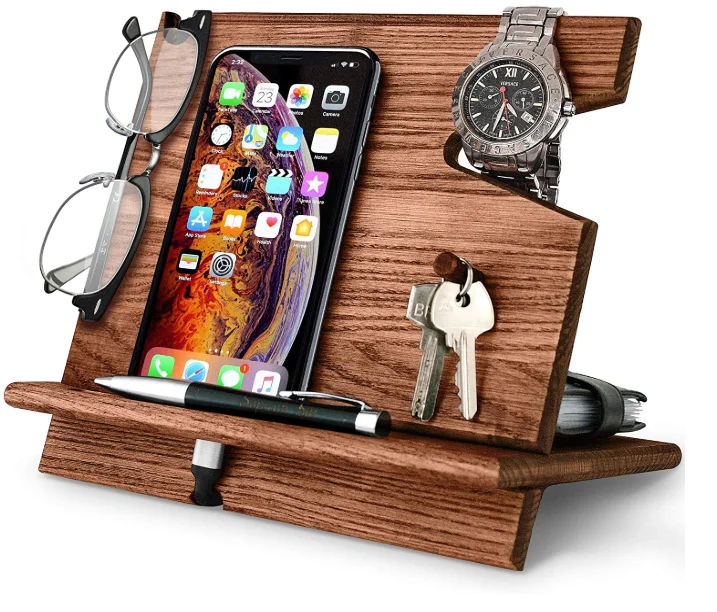 Wood Docking Station Cell Phone Holder Men Charging Accessory Nightstand Gadget Organizer Desktop Dresser Storage