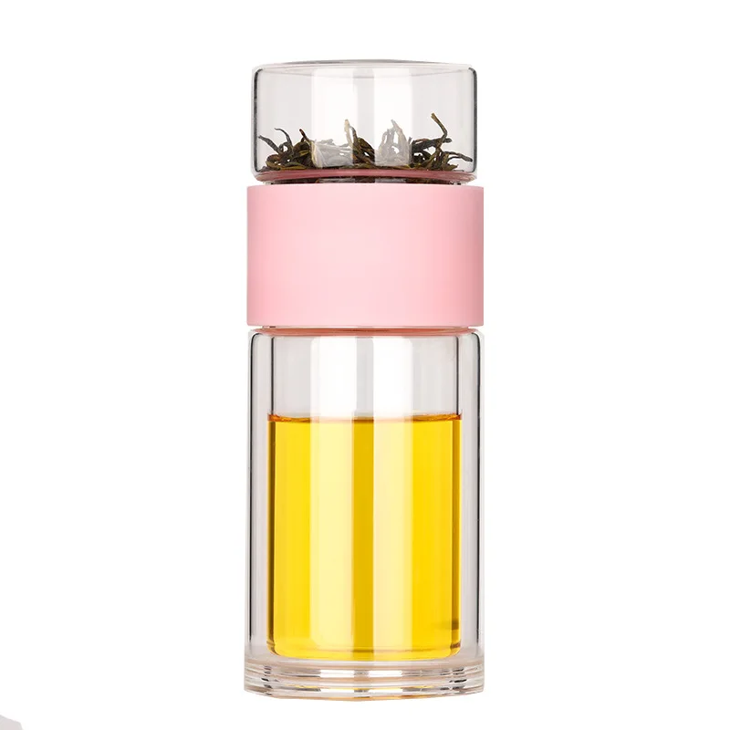 FX Factory Custom Logo Printing 330ml Double Wall Tea Glass Bottle With Stainless Steel Filter Tea Maker