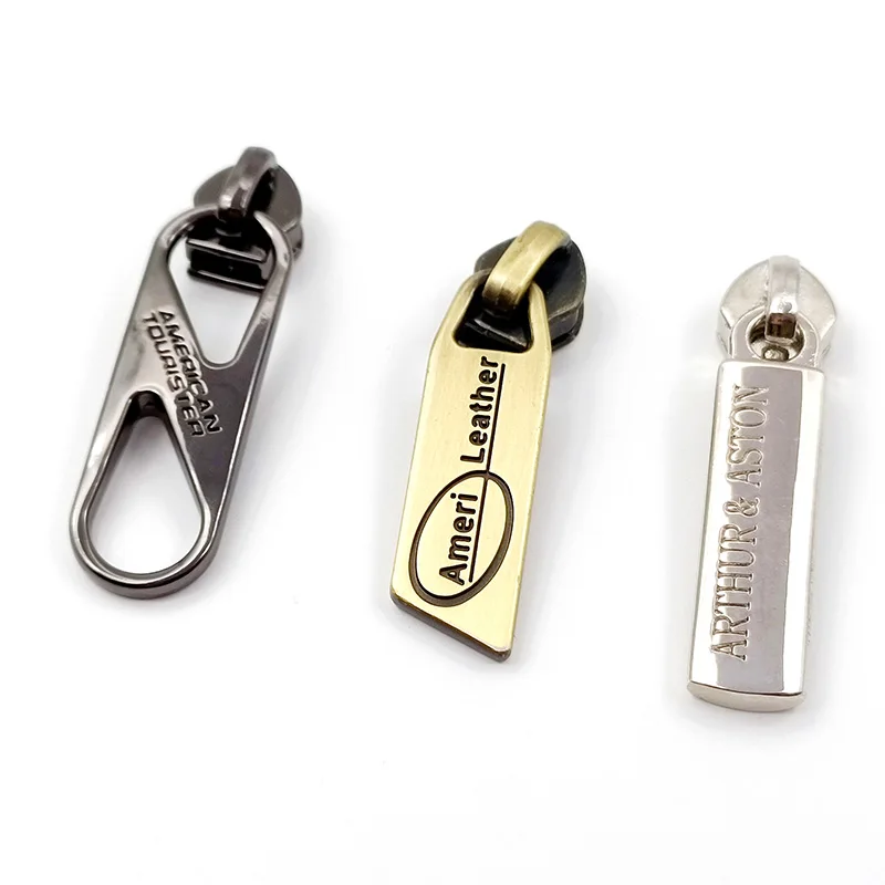 Free Design 3D Embossed Slider Jeans Pullers Handbag Custom Fashion Metal Zipper Tag Pull For Clothes