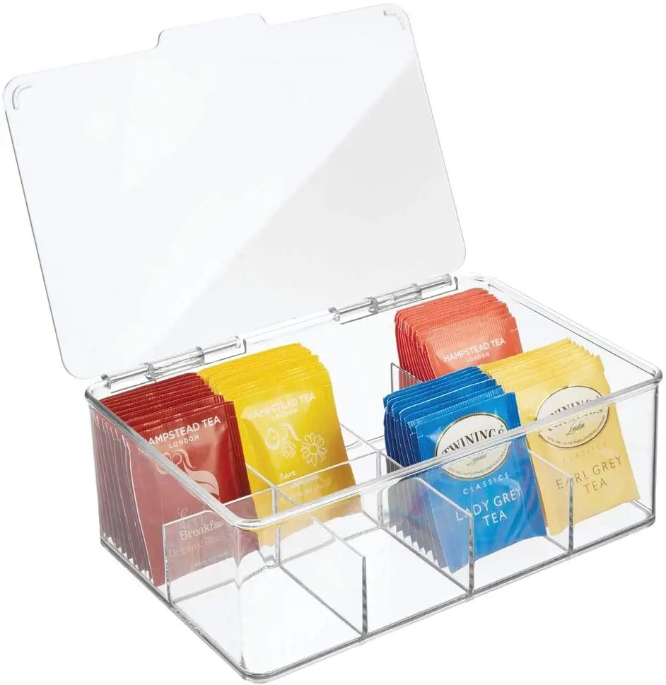 Clear BPA free Stackable Plastic Tea Bag Holder Storage Bin Box with Clear Top Lid