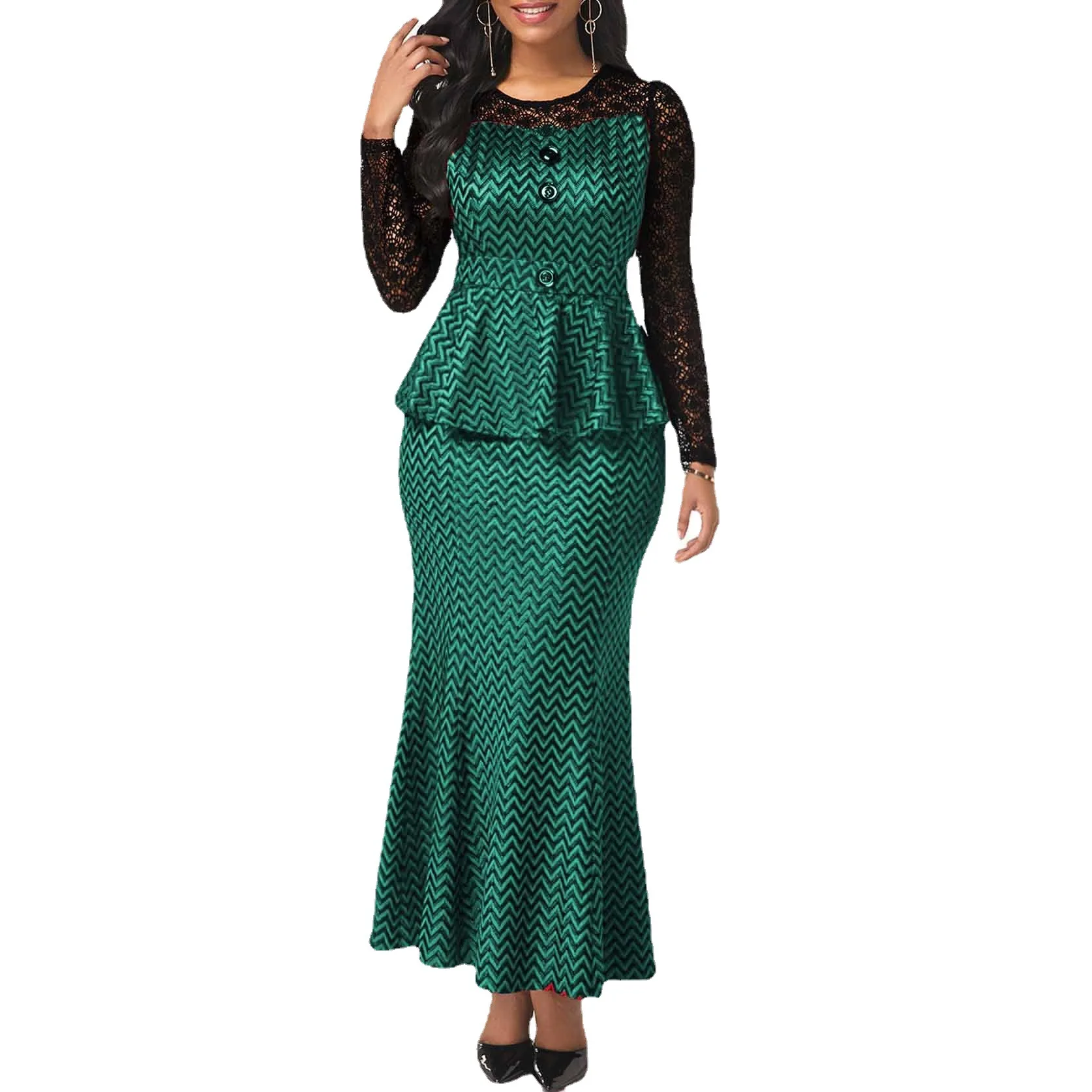 Designed Lace Patchwork Two Pieces Set Long Sleeve Peplum Plus Size Long Dresses For women