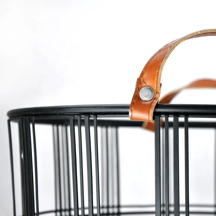 IVYDECO Home Decoration Set 2  Metal Wire Laundry clothes Basket with Leather Hand