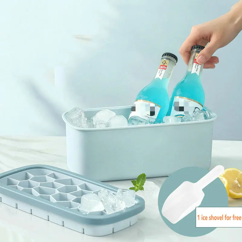 BPA Free Long Big Large Ice Tray Silicone Ice Cube Mold Honeycomb Shaped Designer Silicone Ice Cube Tray With Box Lid And Bin