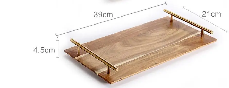Fancy Rectangular Dinner Plate Party Wedding Fruit Snack Dessert Sushi Tray Acacia Wood Serving Tray With Metal Handle