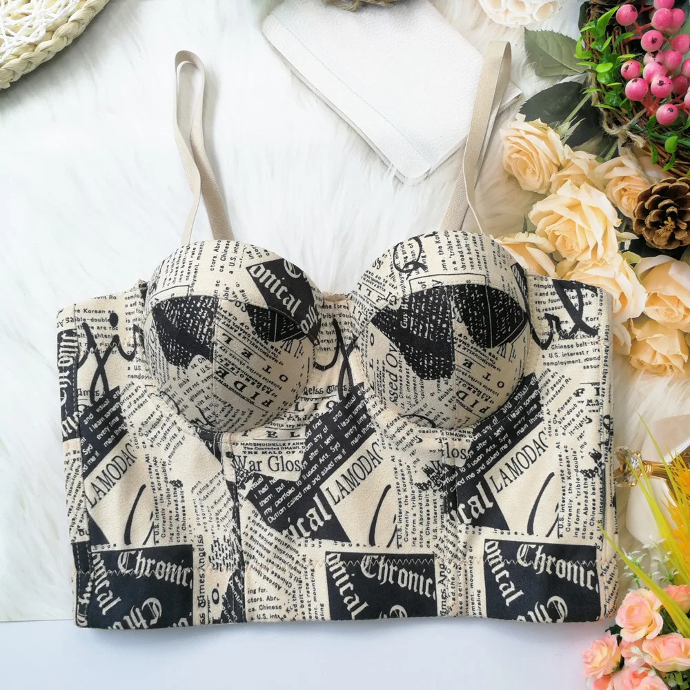 Suede Leather Suspenders Women Fashion English Newspaper Pattern Printed Tops Underwear Short Bustier Corset Bra Top Wholesale