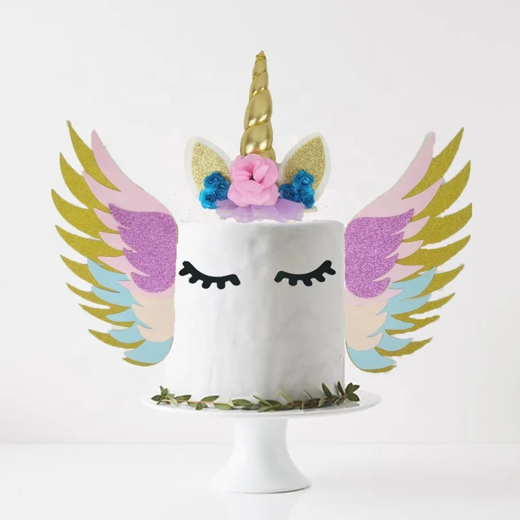SJ0558 wholesale wedding floral glitter wings eyelash unicorn theme party decorative cake topper (62346554566)