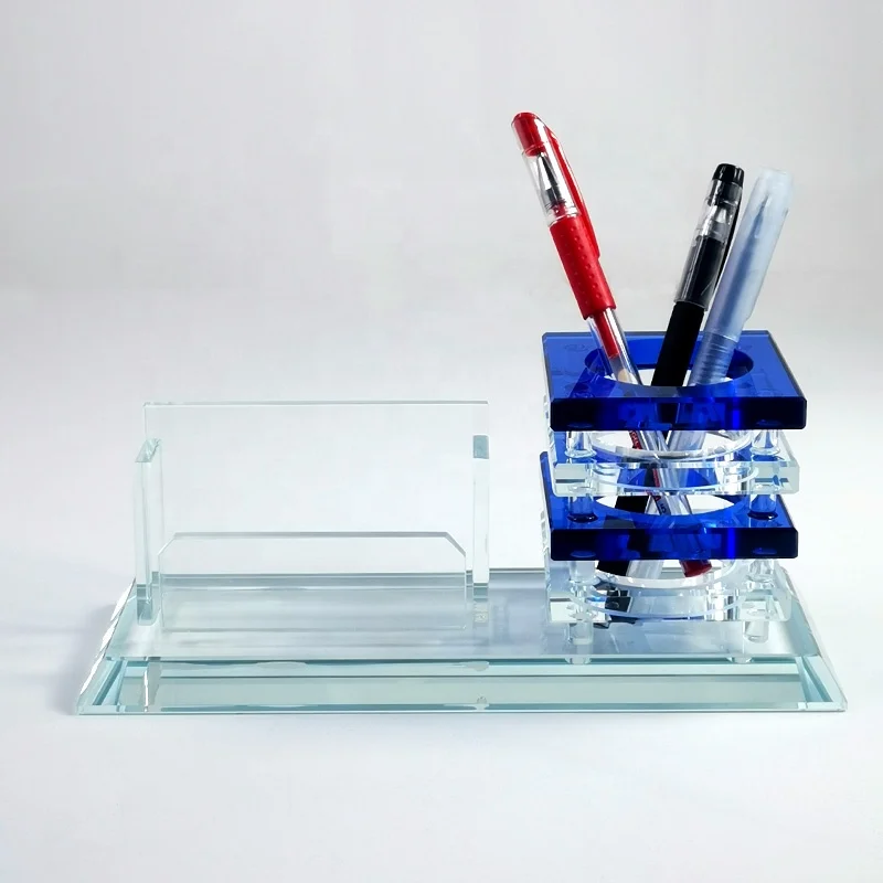 DILU Customized Logo Crystal Pen Holders Box Glass Business Card Tabletop Organizer Desktop Office Desk Stationery Pen Holder