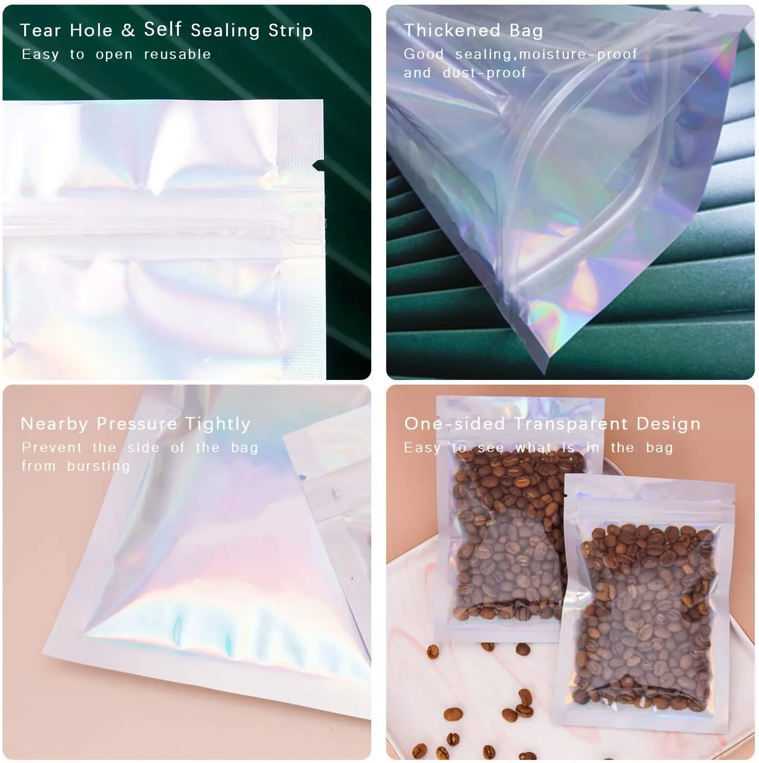 Holographic Color 4x6 Inch 100 Pieces Resealable Smell Proof 3.5 mylar Bags Foil Pouch Bag Flat food Storage Bag