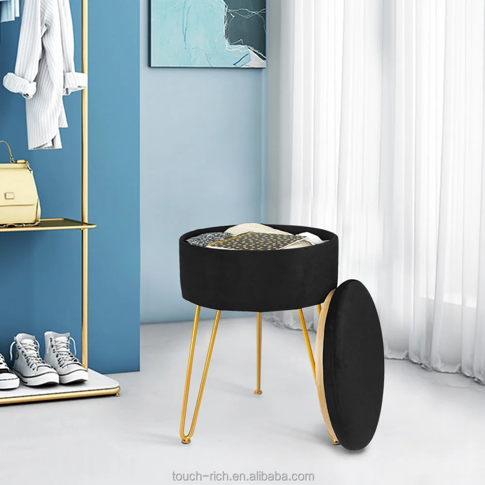 Round Footstool Ottoman Velvet Dressing Stool with Gold Metal Legs Upholstered Footrest Makeup Chair ottoman