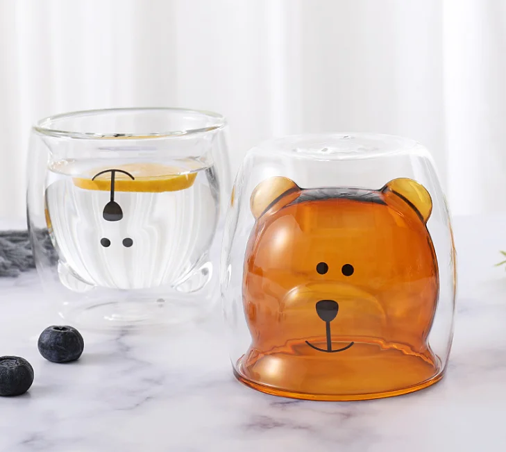 
Heat- resistant Reusable Color Cute Design GlassTumbler Double Wall Bear Glass Cup for Water Beer Drinking 