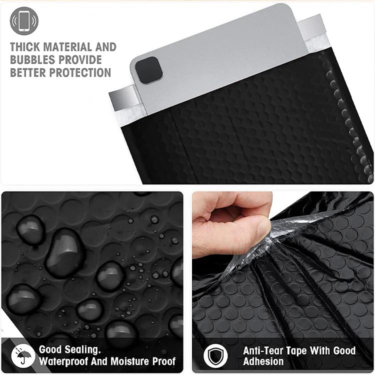 Stock Sizes Waterproof Padded Envelopes Black Bubble Mailers, Customized Logo Self Seal Protective Packaging Poly Bubble Bags.
