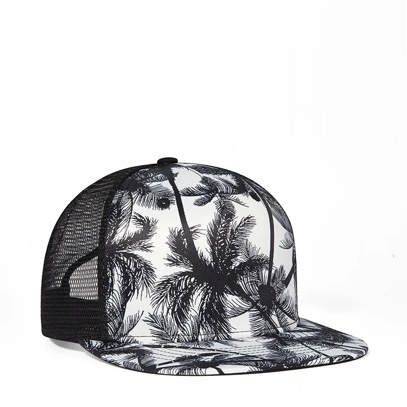 Palm Tree Print Black and White Two Tone Adjustable Summer Travel Mesh Snapback Cap