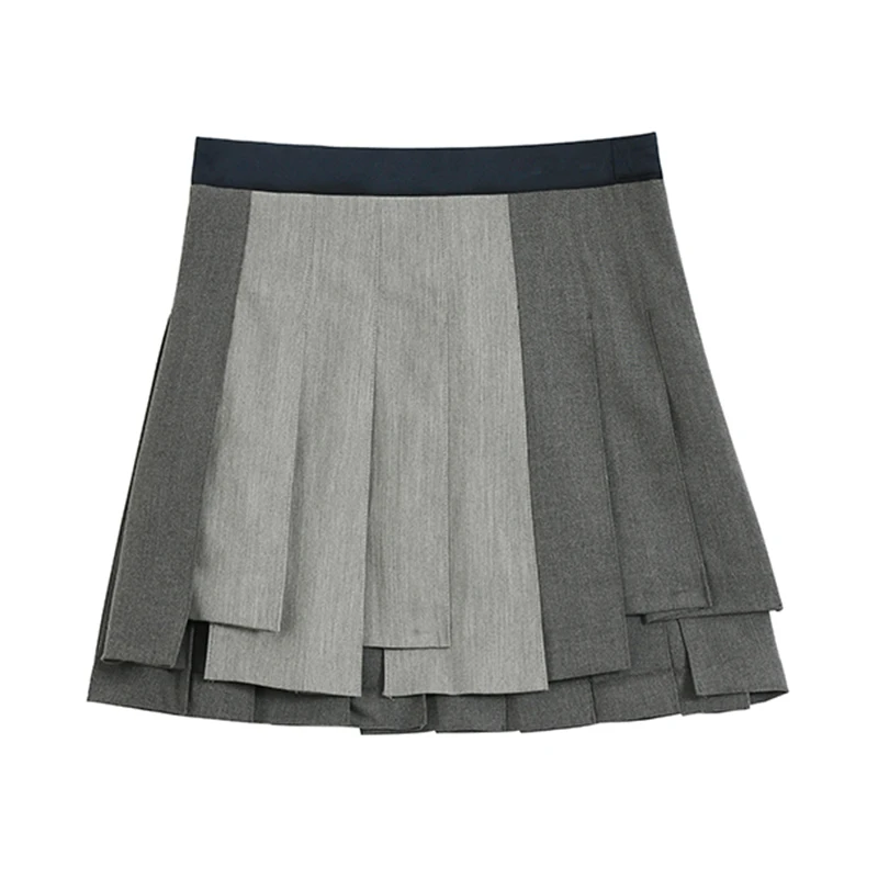 Women Fashion Summer Female High Waist Pleated Skirt Mini A-line Stitching Button Bottom Color Blocking Girls Dance Skirts