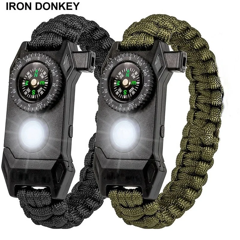 IRONDONKEY SOS Multi functional high light LED camping rescue EDC escape wristband 550 Paracord knife survival Bracelet