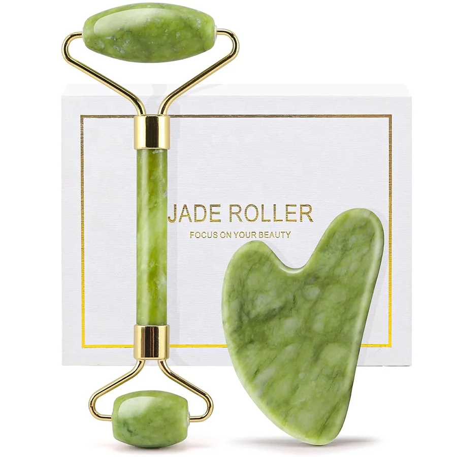 Wholesale Private Label 2 In 1 Natural Jade Roller Set Custom Guasha Eye Face Massage Facial Beauty Jade Roller And Gua Sha Set