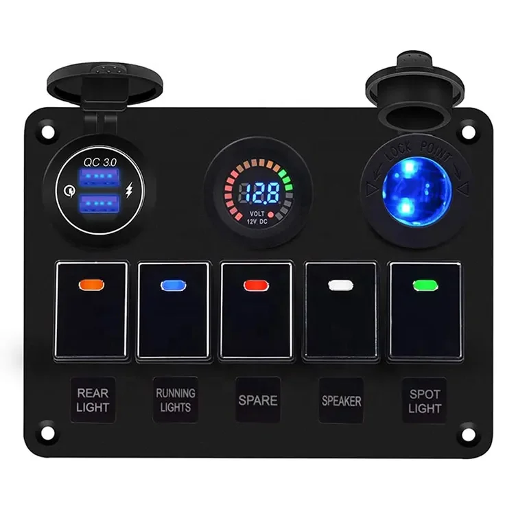 MICTUNING 12/24V LED Light Metal Central Control Rocker Switch Aluminum 5Gang Switch Panel Digital