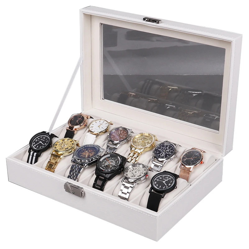 
12 Slots Oem luxury custom white pu leather watch storage display box ladies watch packaging gift box with pillow 