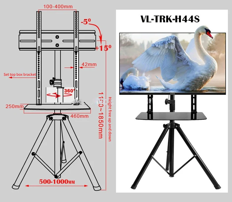 360 degree Swivel 32~55 inch TV Mount Tripod Stand with DVD Holder VESA 100~500mm Loading 50kgs Height Adjustable TV Floor Stand