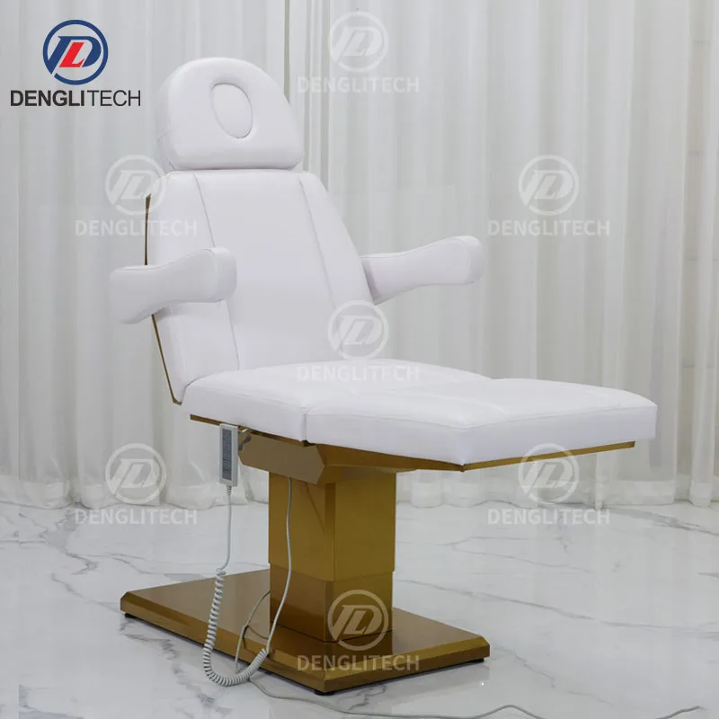 Luxury  European Style White and Gold Base Women  Massage Bed 3 Motors Beauty Salon Electric Massage Table for Facial