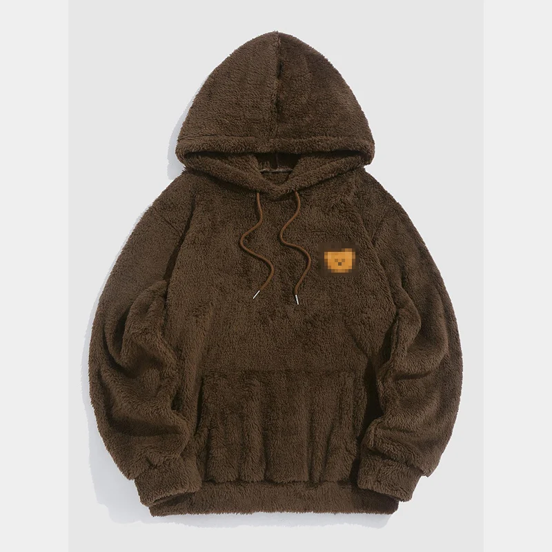 Custom Chenille Bear Patch Embroidery Hoodie Men Kangaroo Pocket Drawstring Fluffy Hoodie Micro Sherpa Polar Fleece Mens Hoodie