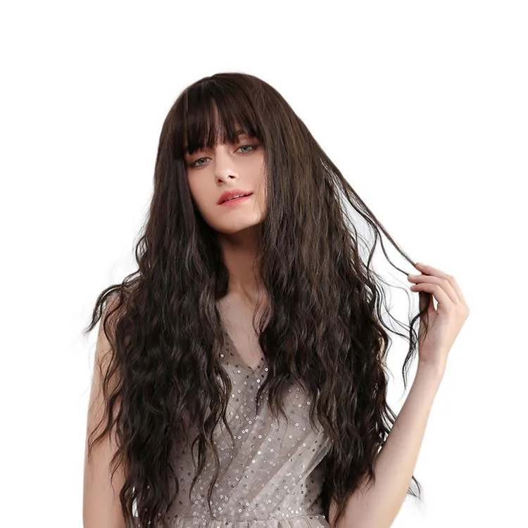 Синтетический натуральный темно-коричневый длинный волнистый вьющийся парик с челкой парики для женщин