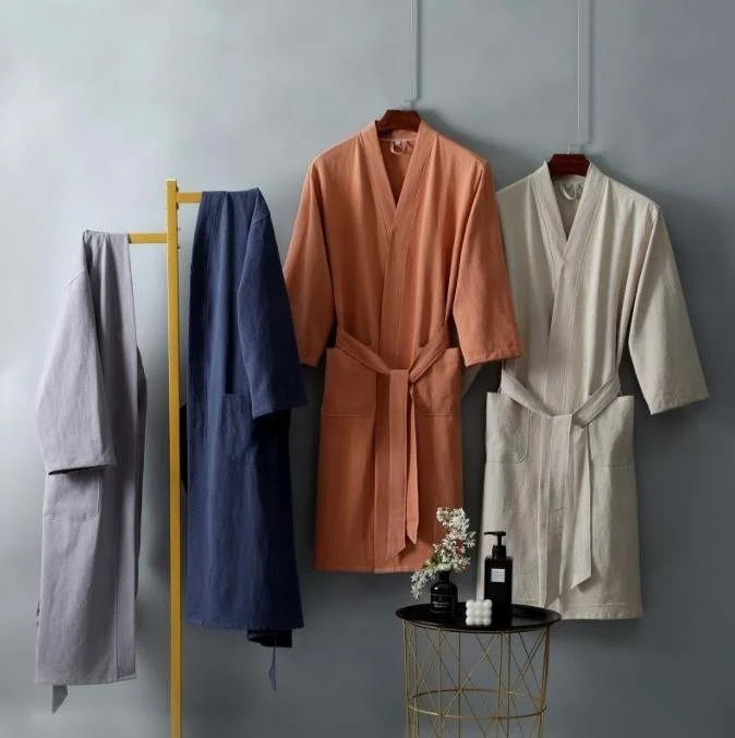 Custom logo Kimono Robe Cotton Linen Spa Sauna Bathrobe Sleepwear Loungewear Dressing Gown