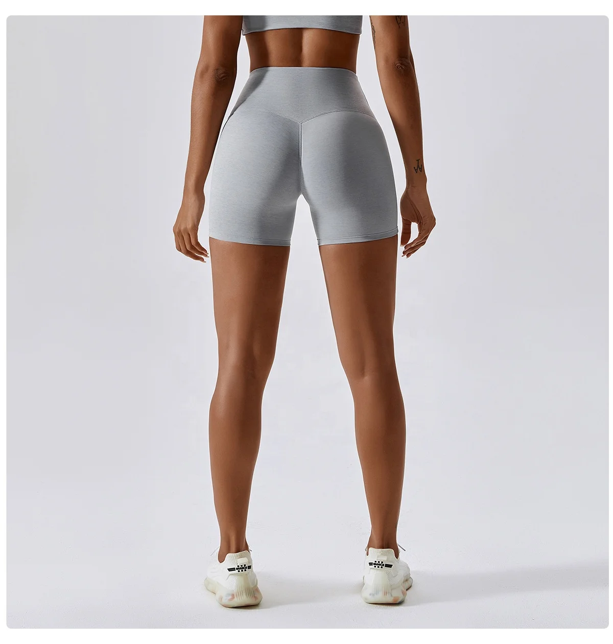 OEM Sportswear Custom Logo High Waist Compress Tight Nude Yoga Biker Shorts Fitness Gym Wear V Cross Women Shorts